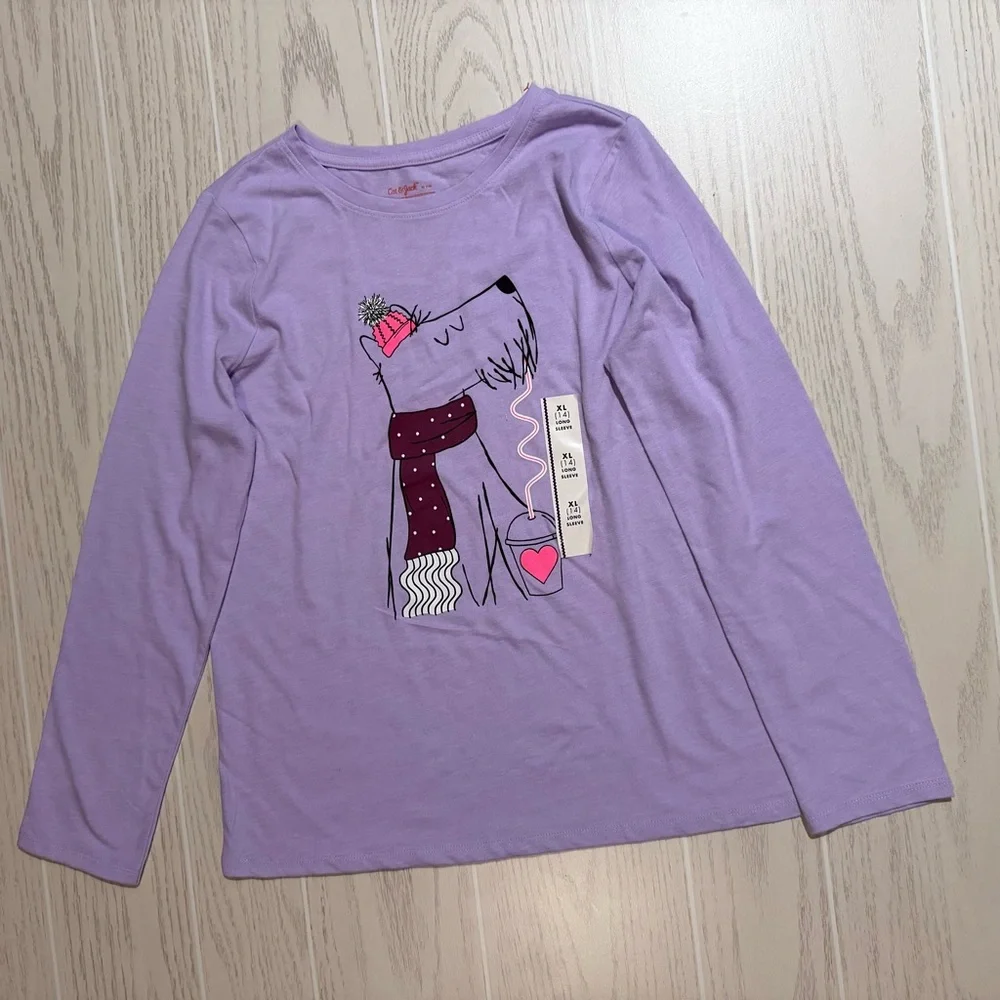 Cat & Jack Girls Size XL 14 Purple Winter Dog Graphic‎ Long Sleeve Tee NEW